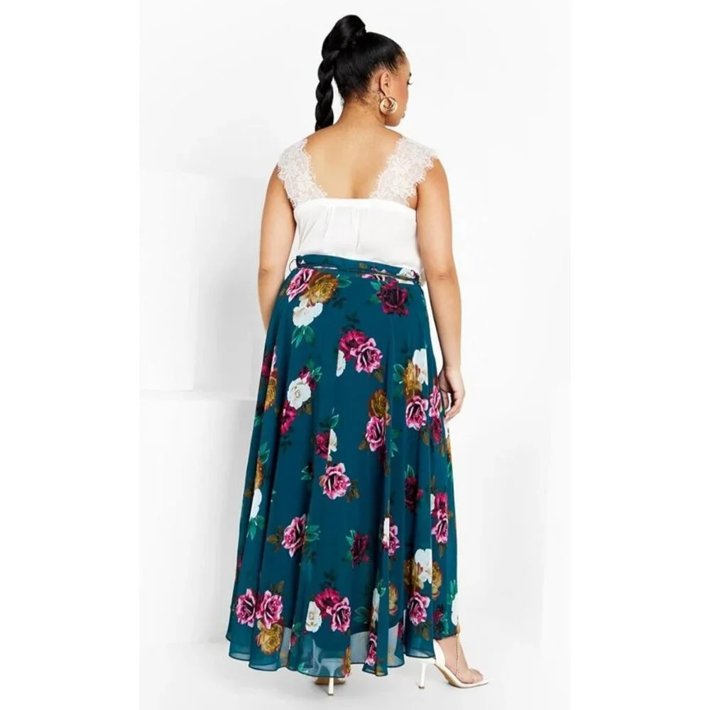 City Chic Michaela Skirt Women 18 Teal Bright Desire Floral Cottagecore Midi NWT - Picture 3 of 6